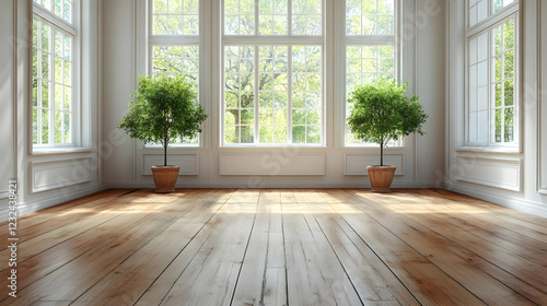 Wallpaper Mural Bright Empty Room with Wooden Floor and Large Windows Overlooking Lush Greenery Beautifully. Torontodigital.ca