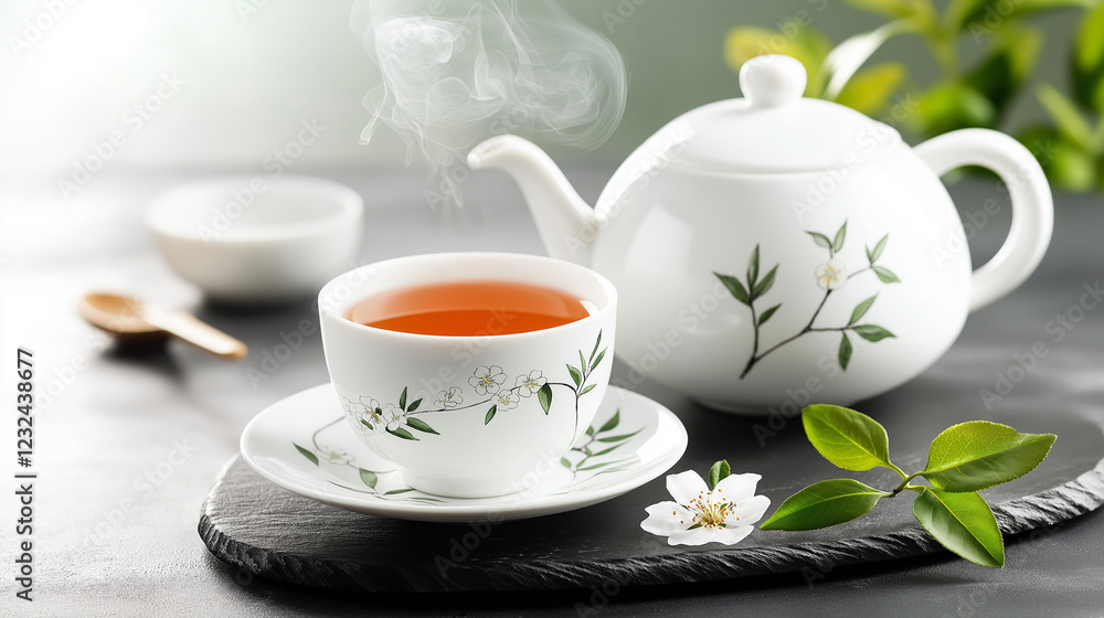 a steaming jasmine tea served in an elegant teapot with matching cups. a steaming jasmine tea served in an elegant teapot with matching cups.