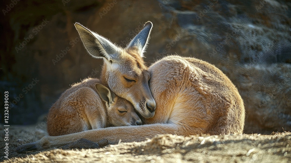 Fototapeta premium A kangaroo mother grooming its joey while it rests in the pouch. 