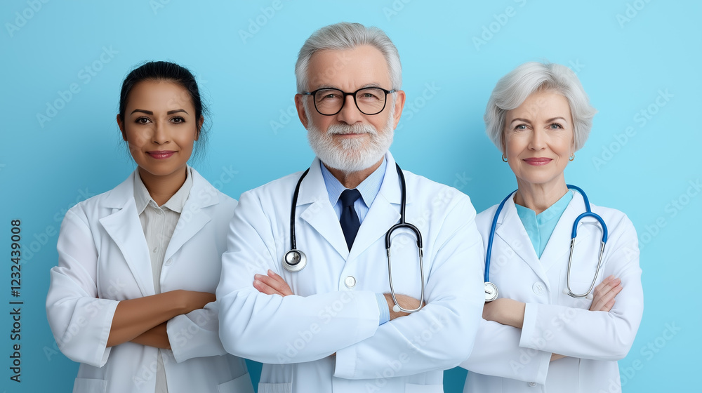 A group of three confident healthcare professionals, of different ages and backgrounds, pose in lab coats with stethoscopes. A group of three confident healthcare professionals, of different ages and backgrounds, pose in lab coats with stethoscopes.