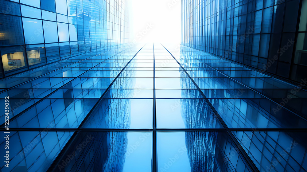 Obraz premium Modern Glass Skyscraper Reflects Blue Sky in Architectural Symmetry with Perspective Lines