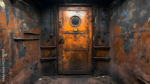 Wallpaper Mural Rusty Orange Door Stands in Dark, Grungy Industrial Room with Peeling Paint and Metal Fixtures. Torontodigital.ca