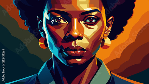 Contemplative portrait of Black woman looking at camera, wearing gold hoops. Striking close-up with dramatic lighting. Concept of: beauty, identity, confidence