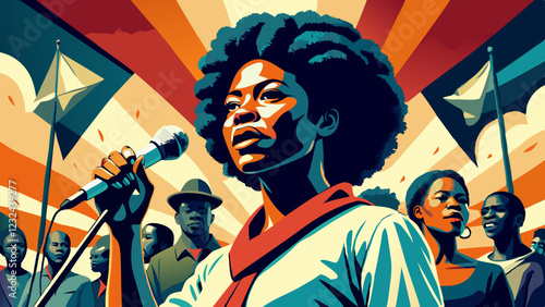 Black woman with afro addressing crowd with microphone. Powerful stance against backdrop of movement flags. Concept of: activism, leadership, empowerment