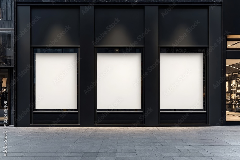 Three blank white storefront posters on a dark building facade at night. Three blank white storefront posters on a dark building facade at night.