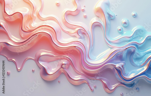 Abstract background featuring pearlized liquid paint flowing in iridescent shades of pink, blue, and gold photo