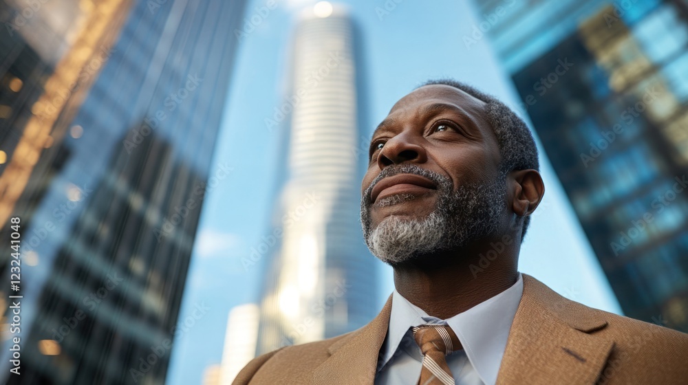 Fototapeta premium Stylish African American man in business attire, posing confidently with city skyscrapers in the background, symbolizing ambition and success