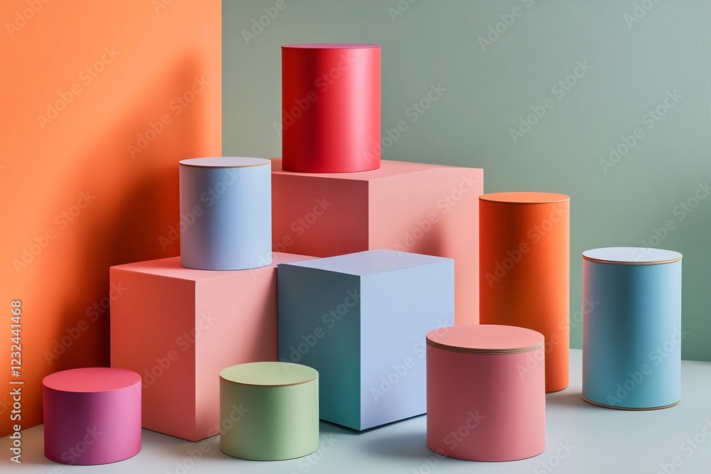 Abstract Pastel Colored Cylinders and Cubes Composition on a Colorful Background Abstract Pastel Colored Cylinders and Cubes Composition on a Colorful Background