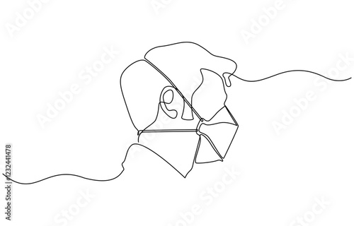 Masked man one line art illustration - Virus protection concept - Epidemic quarantine - Medical mask, Continuous one line drawing.Portrait Young man in a protective face mask.