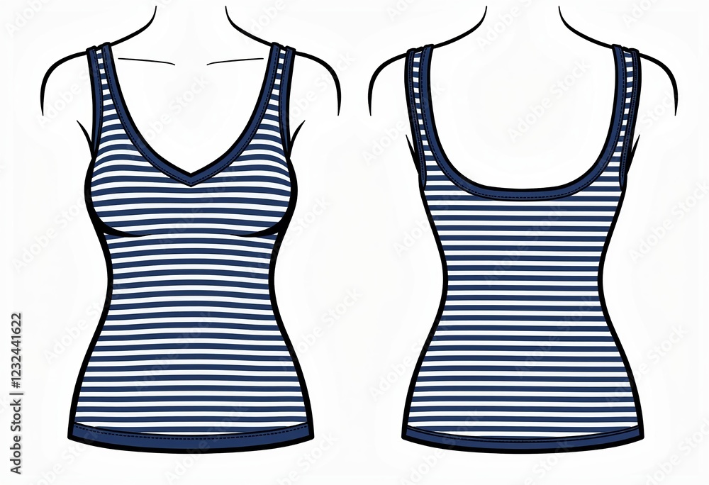 Slim Fit V-Neck Top Technical Flat, Striped Strap Top Illustration, Front and Back View, White Blue Colors, Women Men Unisex CAD Mockup Set, Fashion Drawing, Design.
Slim Fit V-Neck Top Technical Flat, Striped Strap Top Illustration, Front and Back View, White Blue Colors, Women Men Unisex CAD Mockup Set, Fashion Drawing, Design.