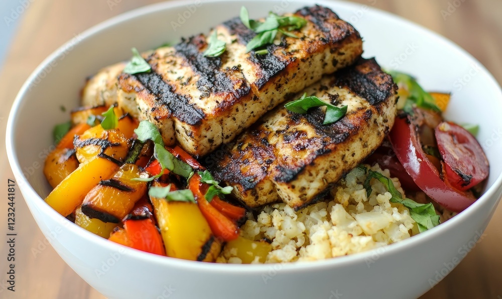 Fototapeta premium Grilled protein, vegetables, and grain bowl, herbs topping.