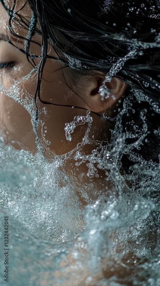 Obraz premium Water splashes around closed eyes of a female.