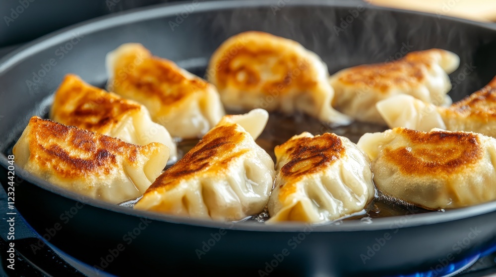 Steaming Hot Dumplings Cooking in a Pan on the Stove Top Steaming Hot Dumplings Cooking in a Pan on the Stove Top