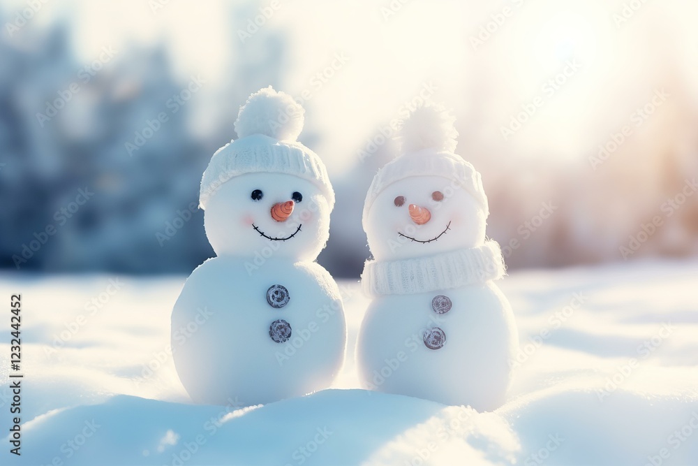 Two adorable snowmen wearing knitted hats are enjoying a beautiful winter day in a snowy landscape Two adorable snowmen wearing knitted hats are enjoying a beautiful winter day in a snowy landscape