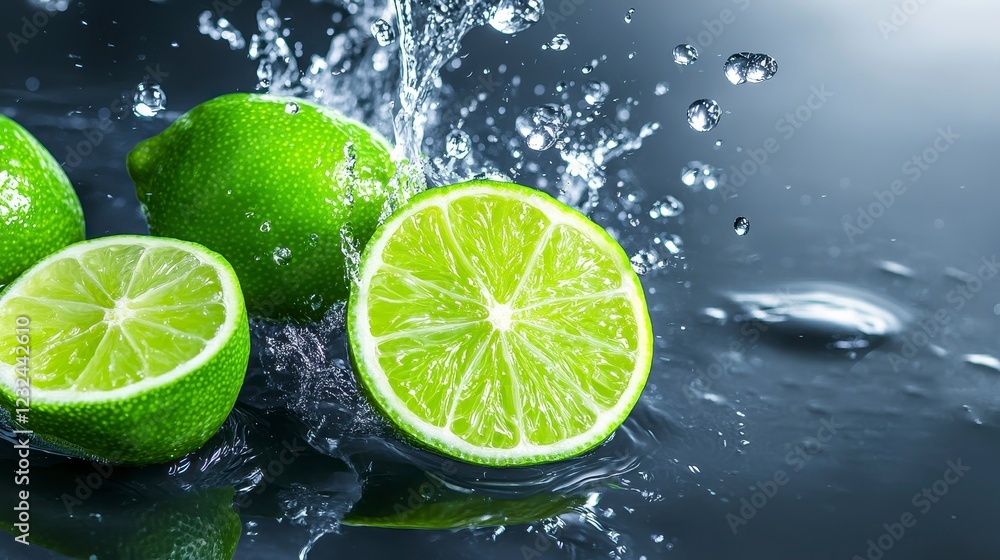 Fresh Lime Slices Splashing into Clear Water on a Dark Background Fresh Lime Slices Splashing into Clear Water on a Dark Background