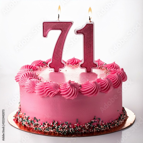 Decorated pink cake for birthday or anniversary party, candle number 71, white background photo