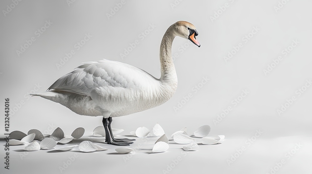 Fototapeta premium White swan standing amidst falling paper.