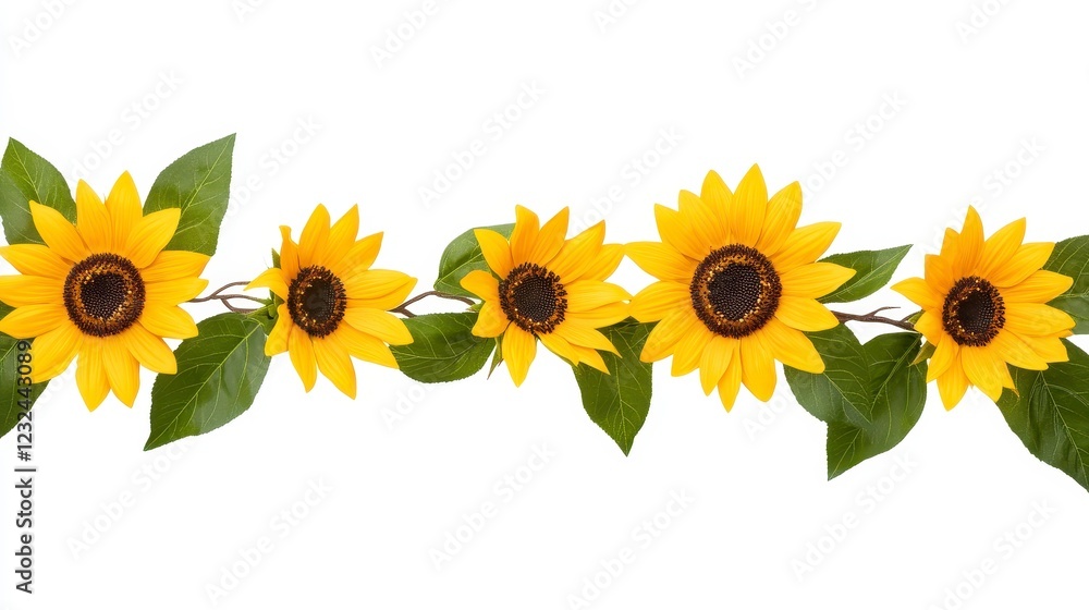 Fototapeta premium Bright Sunflower Arrangement with Green Leaves on White Background