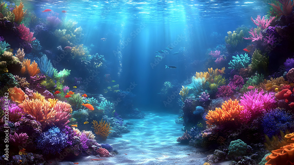 Naklejka premium Vibrant Coral Reef Ecosystem Thrives in a Sunlit Underwater Paradise with Colorful Fish