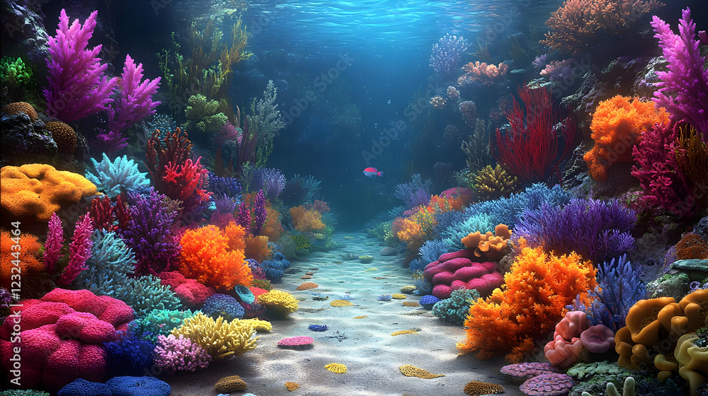 Naklejka premium Vibrant Coral Reef Ecosystem Thrives with Colorful Marine Life in a Pristine Ocean Environment.
