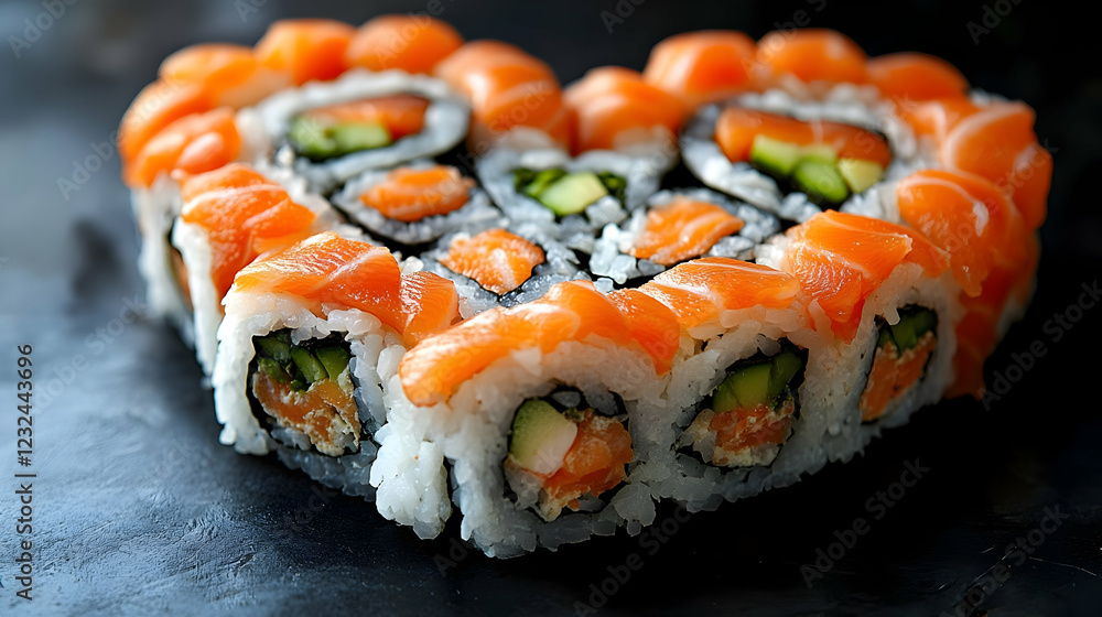 Heart-Shaped Sushi Rolls Displayed Beautifully on a Dark Surface Heart-Shaped Sushi Rolls Displayed Beautifully on a Dark Surface