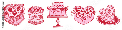 Set of Retro Cakes in Groovy Coquette style with Ribbon bows. Hand drawn contour flat vector illustration.