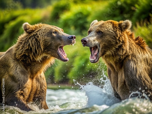 Alaskan Brown Bears River Fight: Angry Grizzly Bears Clashing in Katmai Peninsula Summer photo