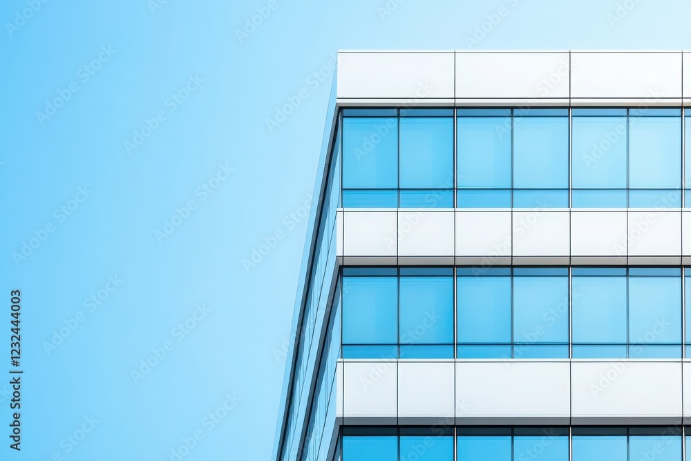 Obraz premium Modern office building with glass windows reflecting blue sky, showcasing contemporary architecture and urban design.