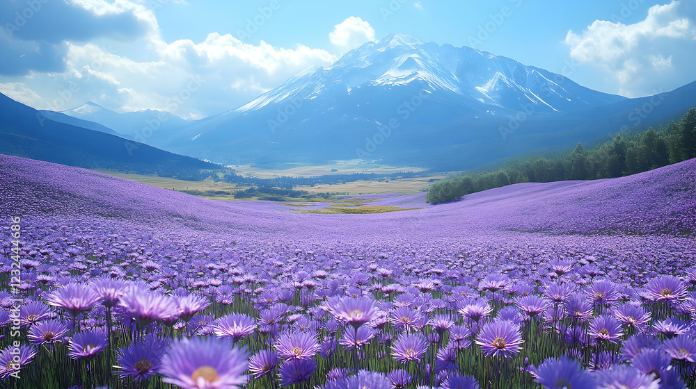Fototapeta premium Purple flower field blooms beautifully with snowy mountains and bright blue sky in the background.