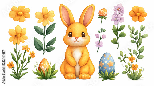 Cute Cartoon Bunny Sits Amo...