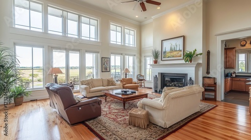 Wallpaper Mural A spacious open-concept living room featuring multiple large windows that offer a stunning view of the garden landscaping. Torontodigital.ca