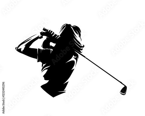 Golf player, female golfer clipart. Isolated vector silhouette of woman playing golf, rear view