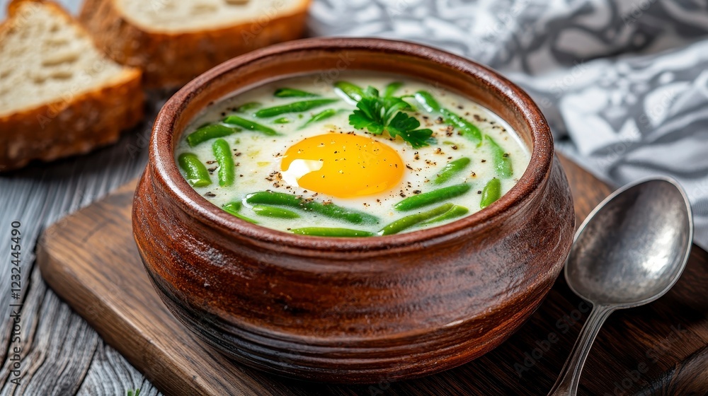 Creamy Green Bean Soup with Egg in Rustic Bowl and Bread Creamy Green Bean Soup with Egg in Rustic Bowl and Bread
