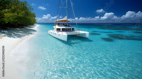 White Catamaran Anchored ne...