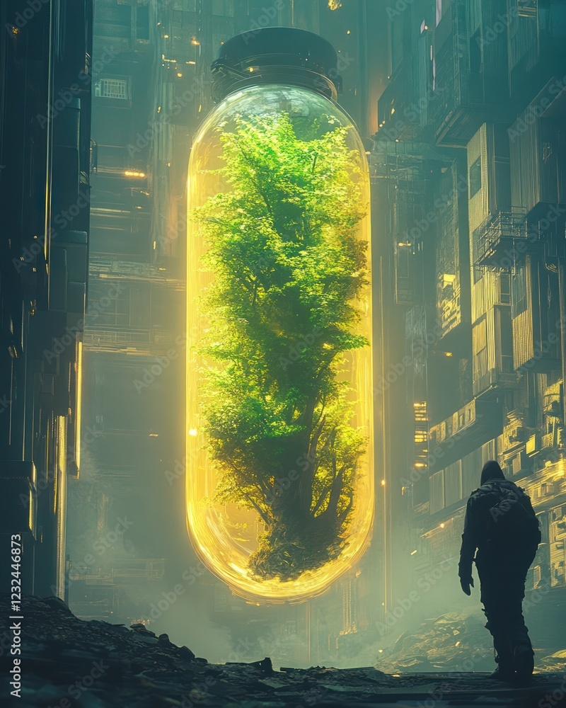 Futuristic City Person observes glowing bio-engineered tree in a glass capsule Futuristic City Person observes glowing bio-engineered tree in a glass capsule