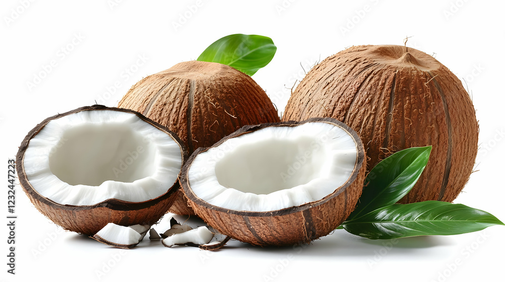 Fresh Coconuts Displayed with Two Halves and Green Leaves on White Background Fresh Coconuts Displayed with Two Halves and Green Leaves on White Background