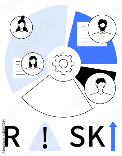 Gear symbol centered in pie chart with three faceless avatars and documents. Words RISK with and blue upward arrow. Ideal for business, team collaboration, analysis, data, strategy, risk management