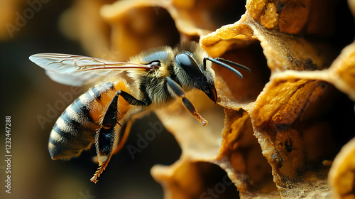 Honeybee Crawls on Honeycom...