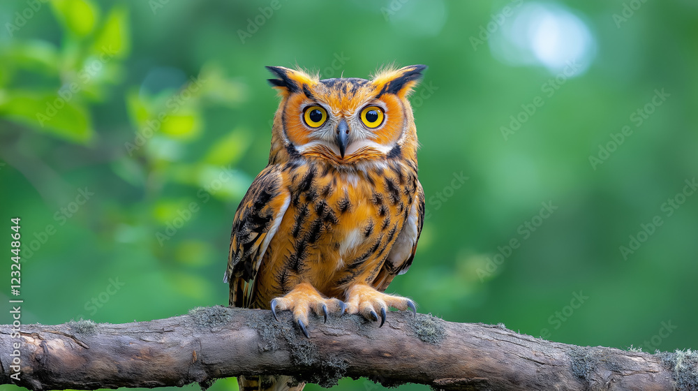 Obraz premium A detailed close-up of an owl with striking orange eyes perched on a tree branch, surrounded by green foliage