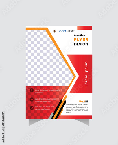 Stylish flyer design template featuring a bold orange and red color scheme with graphic elements and placeholders for text and images.