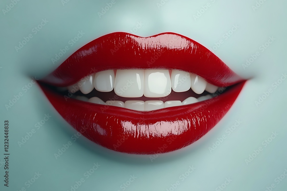 Obraz premium A close-up of beautiful red lips with a bright smile showing white teeth