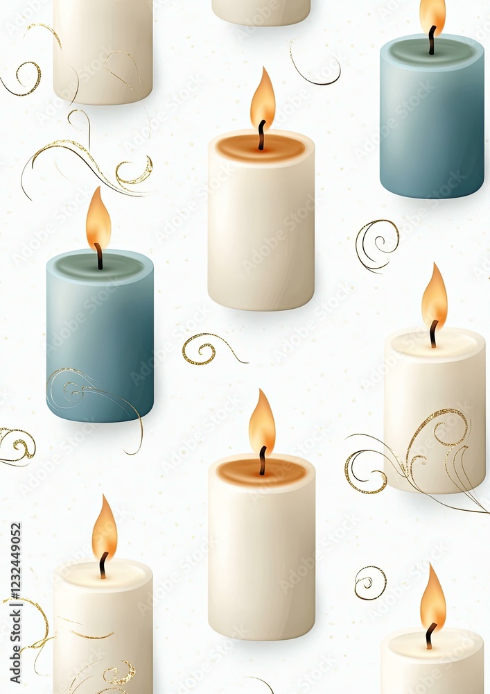 Seamless Pattern of Lit Candles with Gold Swirls on White Background: Elegant and Festive Design with Beige, Cream, and Teal Candles Seamless Pattern of Lit Candles with Gold Swirls on White Background: Elegant and Festive Design with Beige, Cream, and Teal Candles