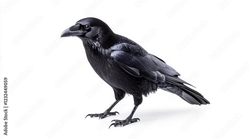 Elegant Black Raven Standing on White Background in Studio Setting Elegant Black Raven Standing on White Background in Studio Setting