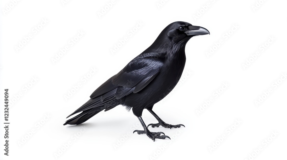 Black Raven Standing on White Background in Studio Lighting Black Raven Standing on White Background in Studio Lighting