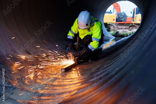 Engineers are drilling pipes for a new construction project of a large industrial building. photo