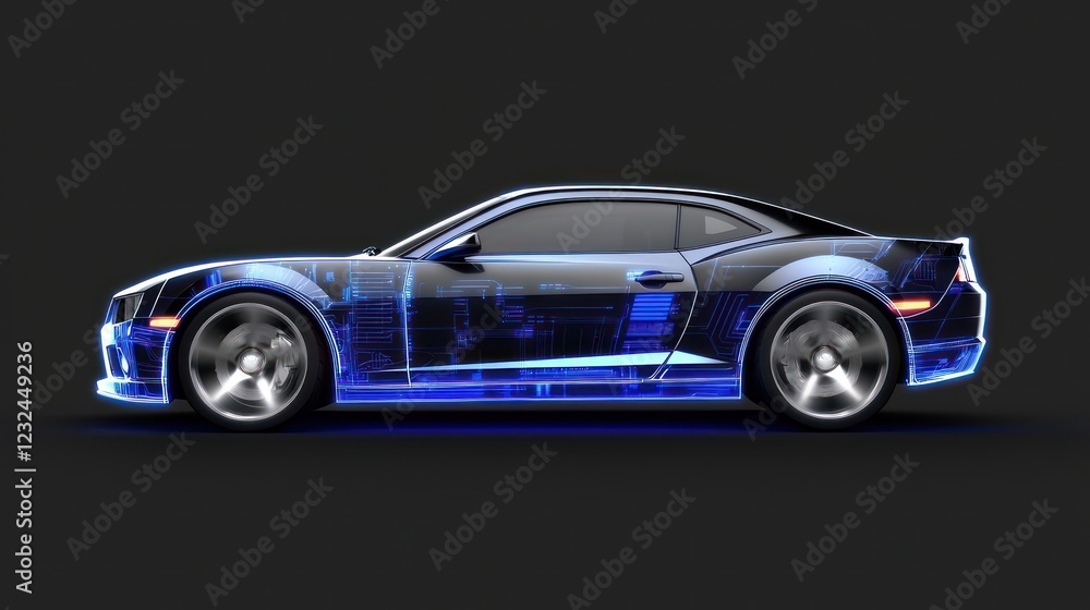 Blue Sports Car Digital Render with Glowing Lines Blue Sports Car Digital Render with Glowing Lines