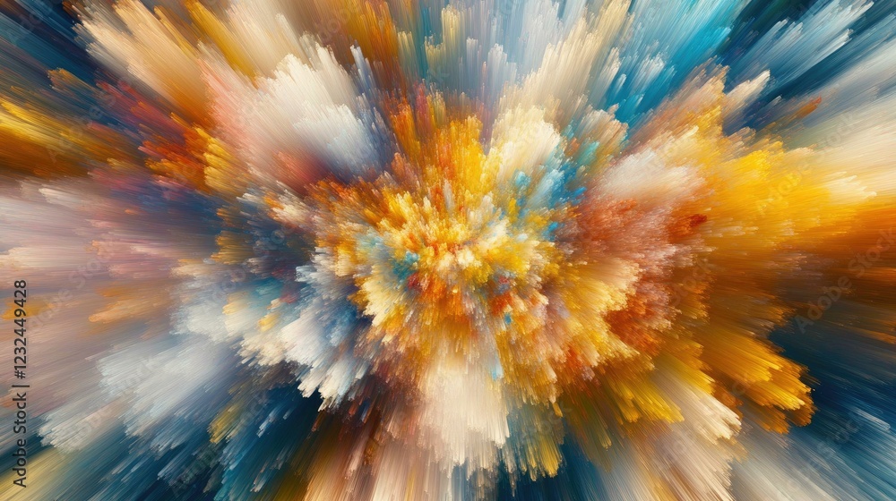 Fototapeta premium Abstract Colorful Explosion of Paint or Light, Radiating Brush Strokes in Warm and Cool Tones, Dynamic and Energetic Visual Art
