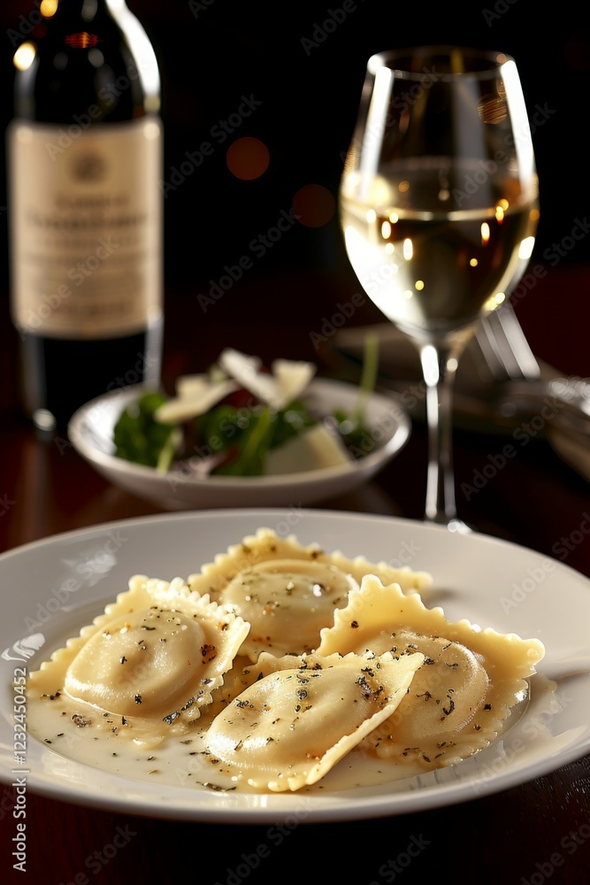 Ravioli: A plate of homemade ravioli stuffed with ricotta and spinach, drizzled with butter sauce and sprinkled with Parmesan cheese. Ravioli: A plate of homemade ravioli stuffed with ricotta and spinach, drizzled with butter sauce and sprinkled with Parmesan cheese.