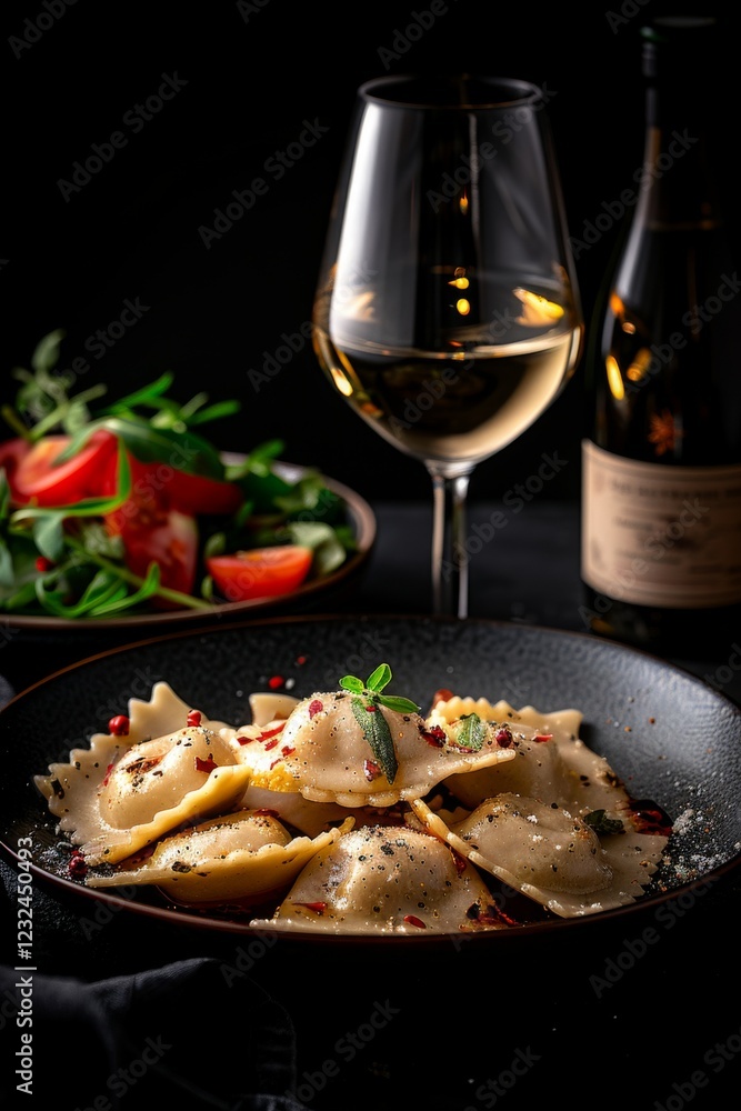 Ravioli: A plate of homemade ravioli stuffed with ricotta and spinach, drizzled with butter sauce and sprinkled with Parmesan cheese. Ravioli: A plate of homemade ravioli stuffed with ricotta and spinach, drizzled with butter sauce and sprinkled with Parmesan cheese.