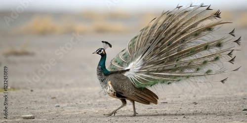 Displaying courtship behavior with raised hackle feathers, displaying, sandgrouse, Pterocles gutturalis, Africa